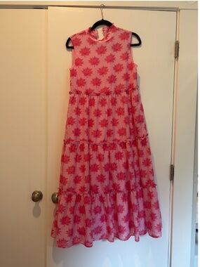 Marie Pink Floral Tiered Midi Dress Ruffle Neck Sleeveless Size Small